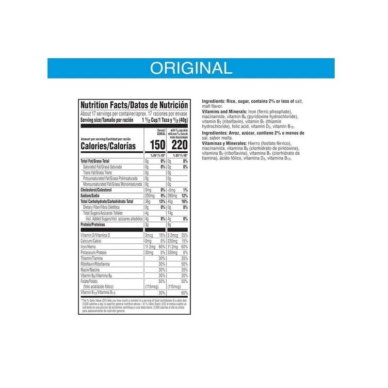 Kellogg's Rice Krispies Cold Breakfast Cereal, 8 Vitamins and Minerals,