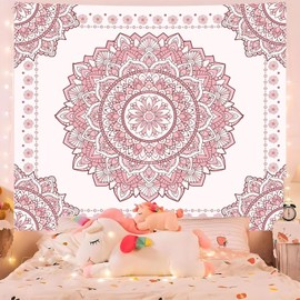 Atrippy Boho Pink Mandala Wall Tapestry for Bedroom, White and Pink Aesthetic Tapestry Room Decor for Teen Girls, Art Floral Wall Hanging for College Dorm 60x79 inches