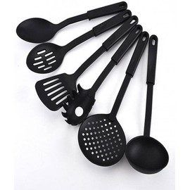 Sleek Style® Nylon Kitchen Utensil Set for Cooking 6Pcs Non-Stick Black 30cm Cooking Utensils, Slotted Spatula, Slotted Spoon, Spaghetti Server, Serving Spoon, Soup ladle, Spatulas