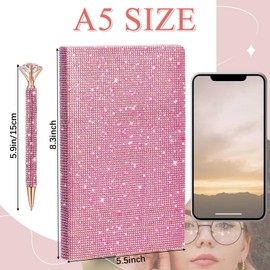 Resholder Rhinestone Notebook Pen Sets Bling Pocket Notebook Crystal Pens Mini Diamond Hardcover Glitter Diary Office Desk Accessories for Women(A5,Pink)