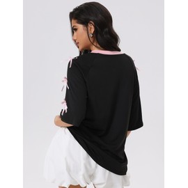 Verdusa Women's Bow Tie Oversized Jersey Shirts Hip Hop V Neck Short Sleeve Graphic Tees Black Large