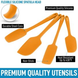 Zulay 4pcs Silicone Spatula Set - Heat Resistant Silicone Tools for Cooking, Baking & Mixing - One Piece Design Spatulas for Non-Stick Cookware - Durable Stainless Steel Core (Orange)