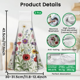 CUTHOLLOW Colorful Wildflowers Hanging Kitchen Towels with Loop, Set of 2 - Soft & Super Absorbent Microfiber Decorative Hanging Dish & Hand Towel, Tea, Coffee Towel for Kitchen Bathroom Oven Handle