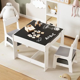 KIDINIX Kids Table & 2 Chairs Set, 4 in 1 Children Activity Table with Double-Sided Board, Toddler Chair & Table Set for Drawing, Playing, Toy Storage, Rounded Edges Chairs with Fabric Storage (Grey)