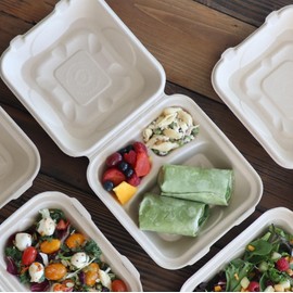 World Centric 8"x8"x3" Compostable Clamshell, 3-Compartment - Case of 300 - Plant Fiber with no Added PFAS - TO-SC-U8T-LFP