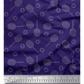 Soimoi Purple Moss Georgette Fabric Tennis Ball & Racket Sports Print Sewing Fabric metre 42 Inch Wide