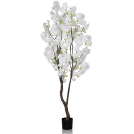 DRACIT Faux White Cherry Blossom Tree 6.5ft(84in)Tall Artificial Plant Indoor Decor Handmade Natural Fake White Flower Tree for Wedding Realistic Cherry Plant in Pot for Home Living Room,Office Decor.