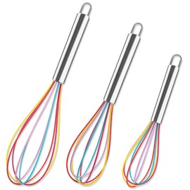 Silicone Whisk,Stainless Steel Wired Wisk Set 8" 10" 12",Heat Resistant 480°F,Perfect for Non-Stick Cookware, Kitchen Whisks for Whisking, Cooking, Baking, Beating & Frothing (Rainbow)