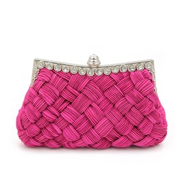 Elegant Braided Pleated Glitter Rhinestone Clutch Evening Bag, Fuchsia