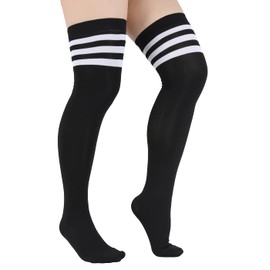 Benefeet Sox Womens Girls Black Thigh High Socks Plus Size Striped Over Knee High Socks Sport Long Boot Stockings Leg Warmers, Black With 3 White Stripes-m, Medium