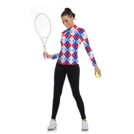 Women's Long Sleeve Golf Shirts Sun Protection Workout Pullover 3/4 Zip Sweatshirt Athletic Running Top (Red&Blue&White Argyle-054,Medium)