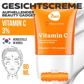 7DAYS Korean Vitamin C Face Cream with Massage Roller - Glow Effect & Radiance - Cream Against Pigment Spots for Face & Neck, Complexion Balancing, 80 ml
