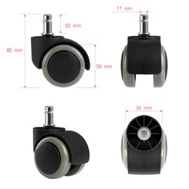 Lihao 5 x Hard Floor Swivel Chair Castors, 11 mm, 10 mm / 50 mm Wheel Set for Office Chair, Black / White