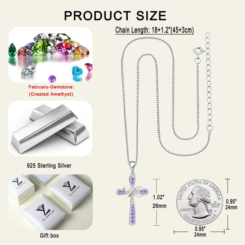 YL Women's Cross Necklace Sterling Silver Infinity Pendant Created Amethyst