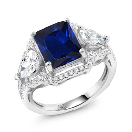 Gem Stone King 4.79 Cttw Blue Created Sapphire Ring For Women | 925 Sterling Silver | Emerald Cut 10X8MM | Gemstone September Birthstone | Available In Size 5, 6, 7, 8, 9