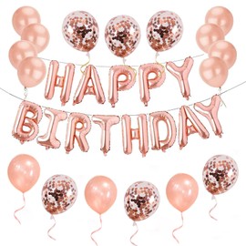 30pcs Pink Rose Gold Birthday Decorations, 3D Mylar Foil Happy Birthday Banner and Confetti Latex Balloons, Ecofriendly Party Decorations Supplies for kids Girls Women