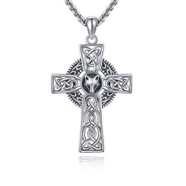 VONALA 925 Sterling Silver Cross Wolf Necklace for Men Gothic Cross Pendant Celtic Cross Norse Jewelry Gifts