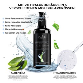 Vitavelle Hyaluronic Serum High Dose - Aloe Vera Serum for Face - Anti-Ageing Moisturising Serum for Smooth, Soft, Even Skin - Hyaluronic Acid Serum - Face Care