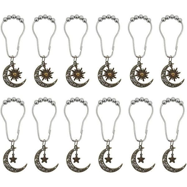 12 pcs Sun Shower Curtain Hooks with Moon Stars Decor