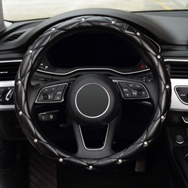 KAFEEK Diamond Soft Leather Steering Wheel Cover with Bling Bling Crystal Rhinestones, Universal 15 inch Anti-Slip