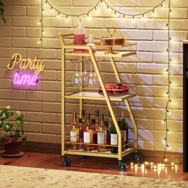 YATINEY Bar Cart for The Home, Small Bar Cart on Wheels, Home Bar Serving Cart with Glass Holder, for Kitchen, Transparent and Gold BC03GD