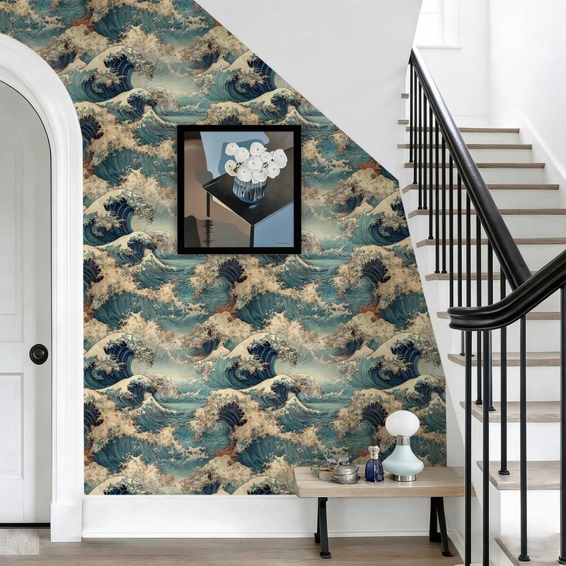 Vintage Ocean Wave Wallpaper, Japanese Art Inspired Seascape Wallpaper