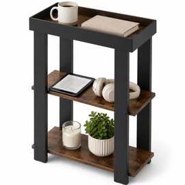 ZEXVIDA Narrow Side Table, 3-Tier Side Table, Rustic Farmhouse Narrow End Table with Storage, Slim Table Nightstand for Small Spaces, Bedroom or Living Room (Rustic Brown)