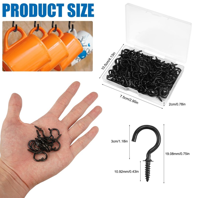 Pack of 120 Small Screw Hooks, Black, 3/4 Inch Cup