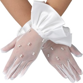 CABODYALS 1 Pair White Short Lace Wedding Gloves Satin Floral Ruffle Trim With Resin Imitation Pearl Elegant Vintage Sheer Embroidered Fabric Glove for Women Evening Bride Tea Party Cosplay Accessory