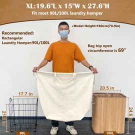 CALACH Canvas Laundry Bags with Handles & Rectangular Base, 90L Extra Large Heavy Duty Laundry Basket Hamper Liner Replacement, Washable Cotton Drawstring Dirty Clothes Bag