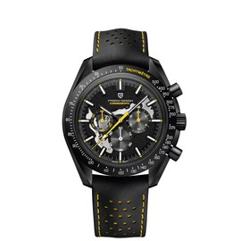 Pagani Design 1779 Luxury Men's Quartz Watch Moon Chronograph Skeleton AR Synthetic Sapphire VK63 Movement Leather Strap Waterproof Sports Watch Full Black, yellow, Bracelet