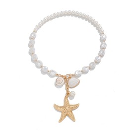 Niaspi Gold Starfish Statement Y Necklace for Women Boho Shell Pearl Seashell Conch Choker Pendant Necklaces Hypoallergenic Lightweight Bohemian Irregular Pearls Fashion Bikini Accessories Jewelry