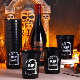 Remerry 24 Pcs Death to My 20s Thick Cup, 16 oz 30th Birthday Party Black Plastic Tumbler Cups, Stadium Cups Rip Twenties 20s Birthday Decorations for Party Supplies(White Print)