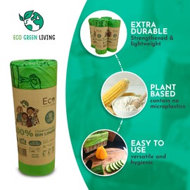 Eco Green Living Caddy Bags (10 Litre) Certified Compostable, Eco-Friendly & Zero Plastic Bags - Friendly to the Planet - Perfect for Food Caddies & Swing Bins with Handles (4 Rolls of 72 Bags)