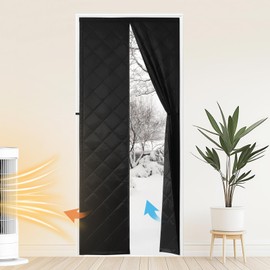 Upgraded Magnetic Thermal Insulated Door Curtain, Fits Door Size 32" x 80", Thicken Polyester Fiberfill & Oxford Fabric, Folding Doorway Screen Curtains, Blanket Insulation for Front Patio Doors Black