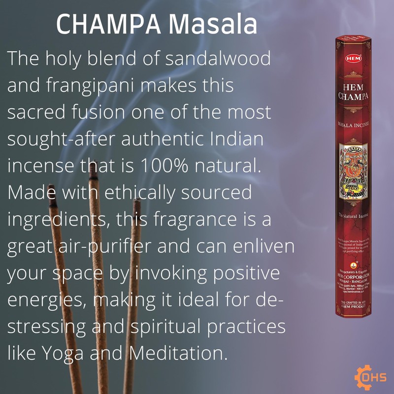 HEM Champa Premium Incense Sticks, Full Pack of 12, Each