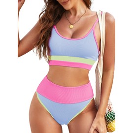 Herseas Women Two Piece Cheeky Scoop Neck Bikini Solid Color Crop Top High Cut Swimsuit 2025 High Waisted Bathing Suit with Bottoms Blue Pink Colorblock Large 12 14