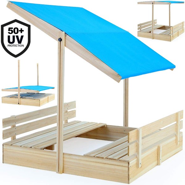Deuba Sandpit For Children 120x120 cm | Height Adjustable Tiltable Sun Canopy | UV 50+ Protection | Child's Outdoor Sand Pit With Roof Cover | Digging Box Sandbox Kids