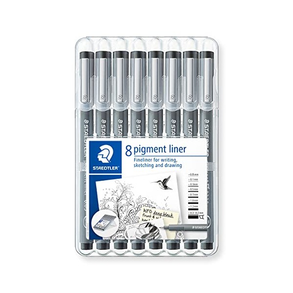 Staedtler Pigment Liner Fineliner Pens with Assorted Line Width - Black (Set of 8)
