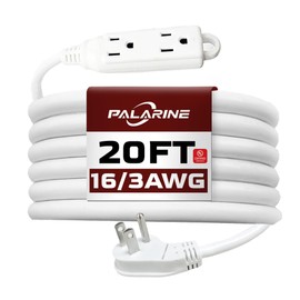 PALARINE Indoor Extension Cord Power Strip 3 Outlets Flat Plug, UL Listed, 16 Gauge 20 ft White 3 Prong Heavy Duty, 16/3 SJTW 13A Outlet Extender