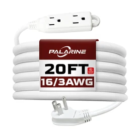 PALARINE Indoor Extension Cord Power Strip 3 Outlets Flat Plug, UL Listed, 16 Gauge 20 ft White 3 Prong Heavy Duty, 16/3 SJTW 13A Outlet Extender