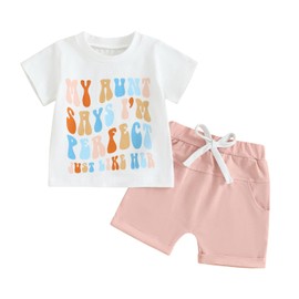 Toddler Summer Outfits Auntie's Bestie Short Sleeve Funny T-Shirts Tops Shorts 2Pcs Set Neutral Baby Clothes (Pink, 18-24 Months)