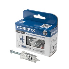 Corefix Spike Heavy Duty Plasterboard Fixings 8 Pack, DIY Kit with M5x40mm Screws. Easy to Install with NO Drill Required. Drywall Anchor, Wall Plug Alternative Suitable for All Plasterboard Types.