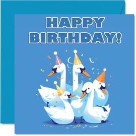 Swan Birthday Cards for Her Him - Party Animals Pyramid - Happy Birthday Card for Mum Dad Brother Sister Auntie Uncle Cousin Friend Family Colleague 145mm x 145mm Bday Greeting Cards