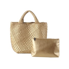 Woven Bag For Women Vegan Leather Handmade Woven Tote Bag,Summer Beach Bag Travel Hand Bag And Purse Satchel Handbag (Gold)