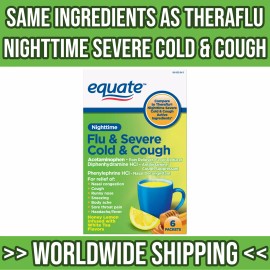 Equate Nighttime Severe Cold Flu & Cough - Honey Lemon Flavor, 6 Powder Packets