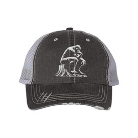One Size Black/Grey Trucker Bigfoot The Thinker On A Tree Stump Embroidered Distressed Trucker Cap