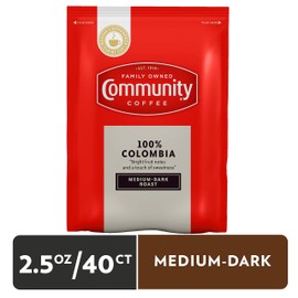 Community Coffee Pre Measured 2.5 oz Ground 100% Colombia Medium Dark Roast Fractional Packs, 40 Count, Medium Full Body Rich Bright Taste, 100% Select Arabica Coffee Beans