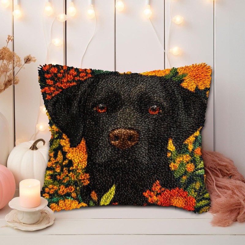 DIY Latch Hook Pillow Kits for Adults Cartoon Black Labrador