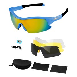 Hurdilen Polarized Kids Cycling Sunglasses, Youth Baseball Sunglasses for Boys Girls Age 8-14, 4 UV Interchangeable Lenses, Lightweight Sun Glasses for Baseball, Softball, Sports (Blue)